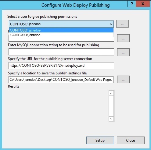 [設定 Web 部署發佈] 窗格的螢幕快照。在 [選取要授與發佈許可權的使用者] 下，醒目提示文字 C O N T O S O 反斜杠 john doe。
