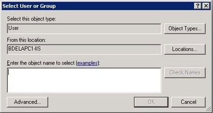 [選取使用者或群組] 對話框的螢幕快照。在 [選取此物件類型] 文字底下，會寫入使用者。在此位置的文字底下，會撰寫 B D E L A P C 一個虛線 I S。