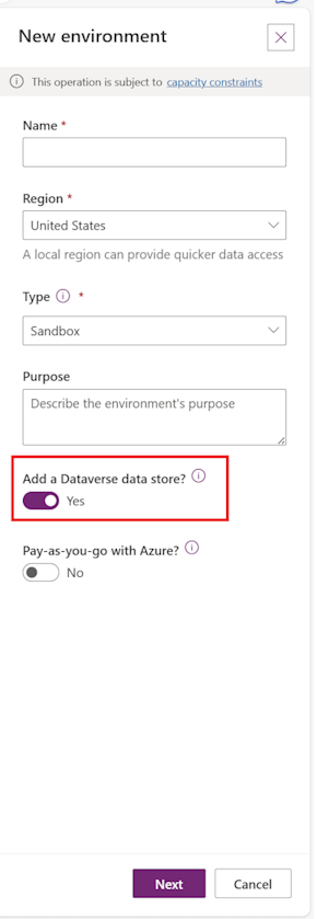 圖中顯示如何在 Power Platform 環境中啟用新的 Dataverse 資料存放區。