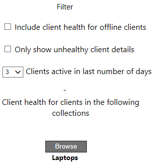用戶端健康情況儀表板上的篩選磚。