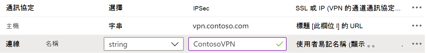 VPN 應用程式設定原則中的通訊協定、連線名稱和主機名範例，Microsoft Intune 使用組態 Designer