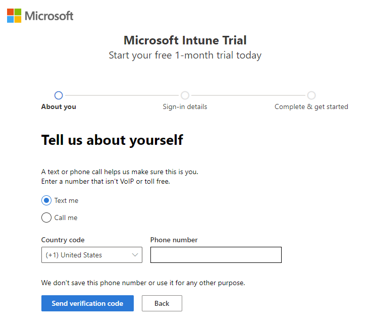 Microsoft Intune 設定帳戶頁面的螢幕擷取畫面 - 傳送驗證碼