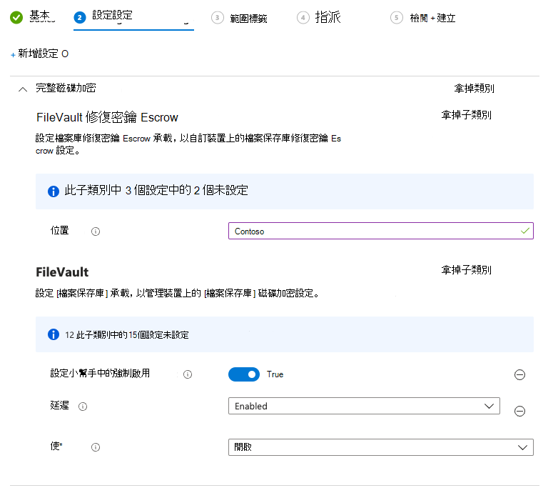 在安裝助理中啟用檔案保存庫所需設定的螢幕快照。