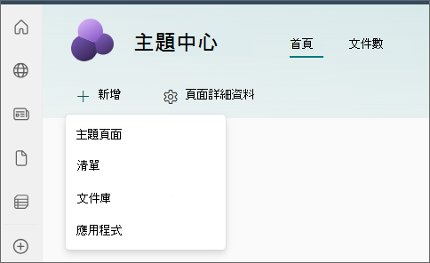 主題中心首頁的螢幕快照，其中已在 [新增] 功能表中選取 [主題頁面]。