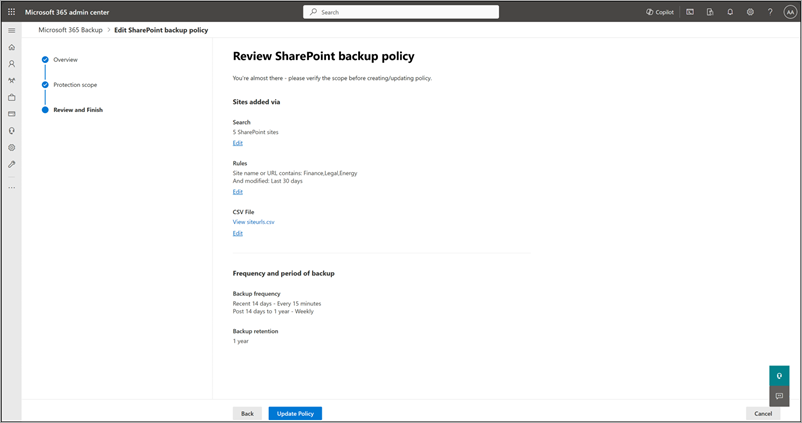 [檢閱 SharePoint 備份原則] 頁面的螢幕快照。