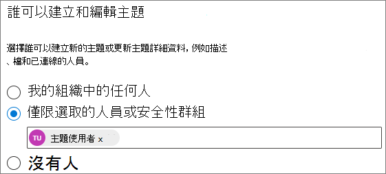 [誰可以建立及編輯主題] 頁面的螢幕快照。