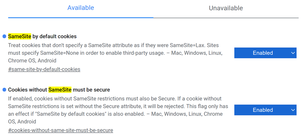 在 Chrome 中啟用 SameSite 設定的螢幕擷取畫面。