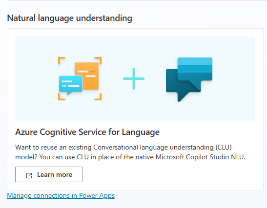 螢幕擷取畫面顯示了當 Copilot Studio 環境未連接到適用於語言的 Azure 認知服務時，語言設定頁面的自然語言理解區域。