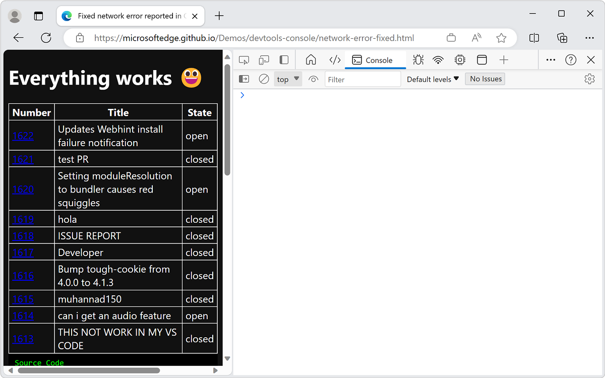 沒有任何錯誤的範例會從 GitHub 載入資訊並加以顯示