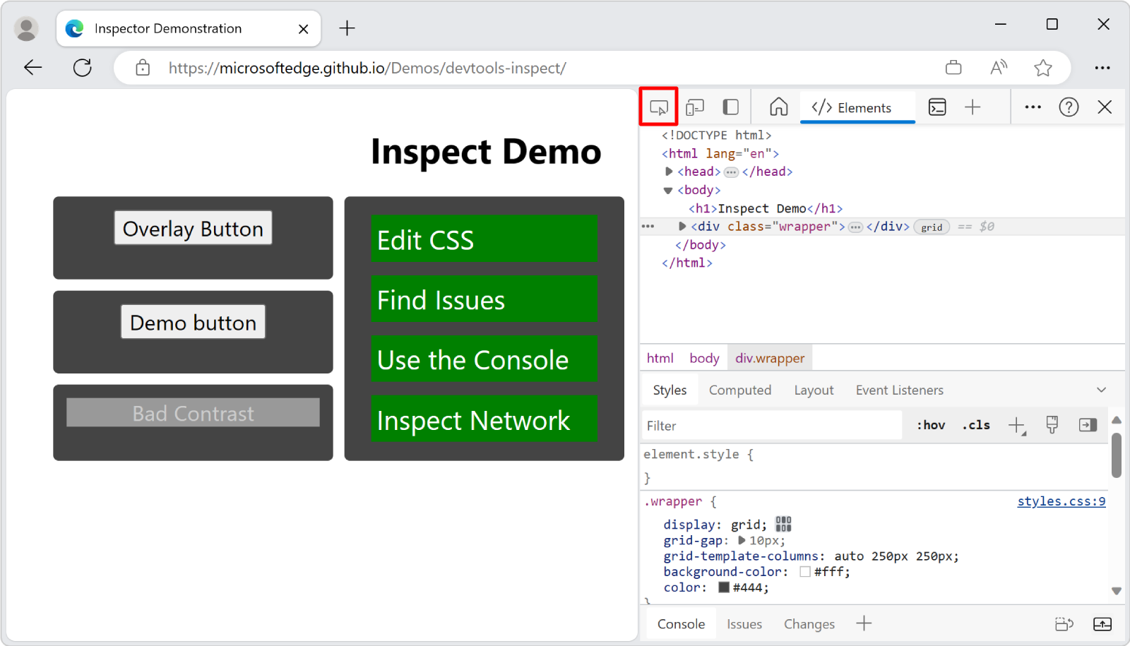 DevTools 左上方的 [檢查] 工具按鈕