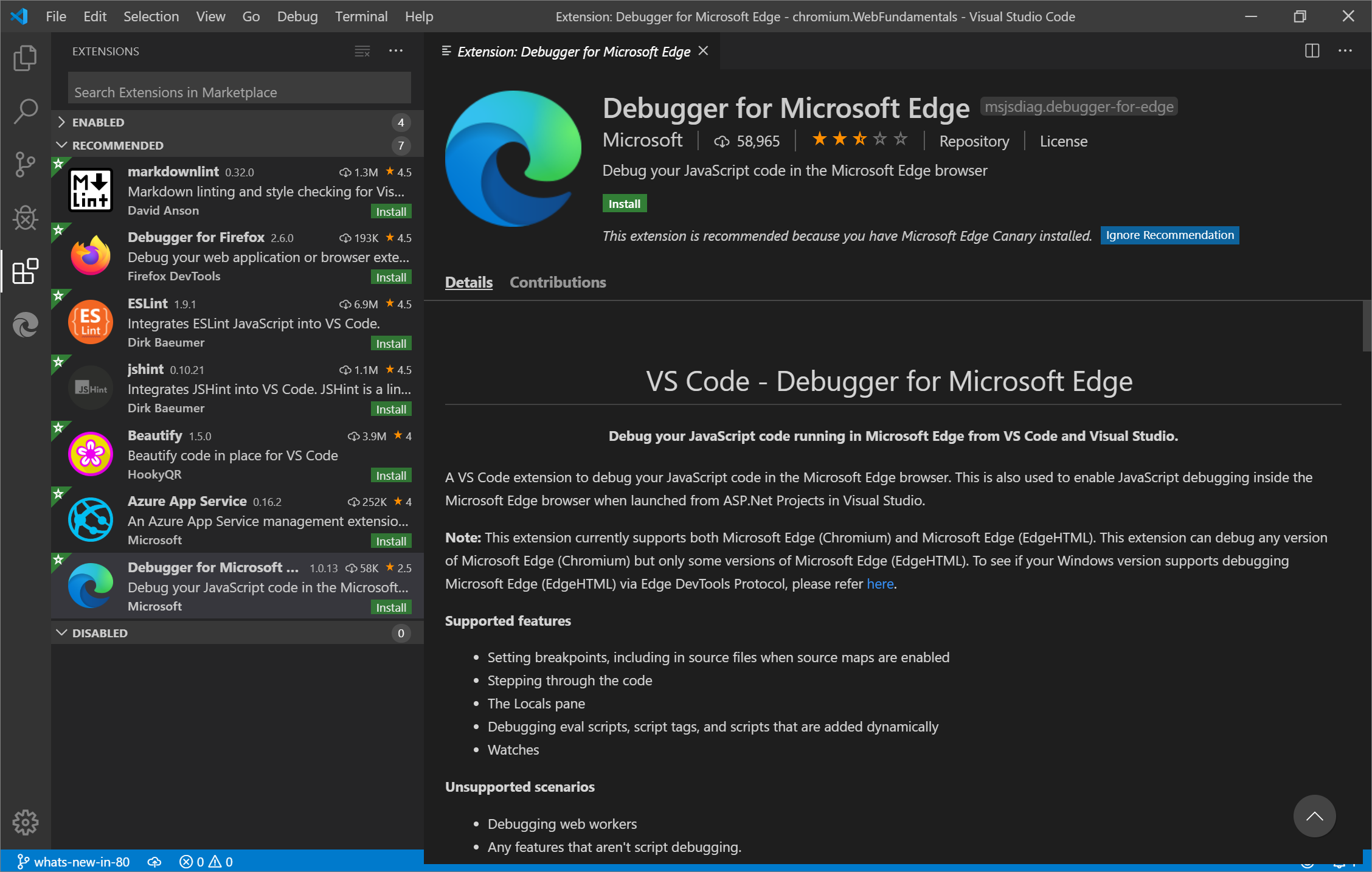 Visual Studio Code 中適用於 Microsoft Edge 擴充功能的調試程式