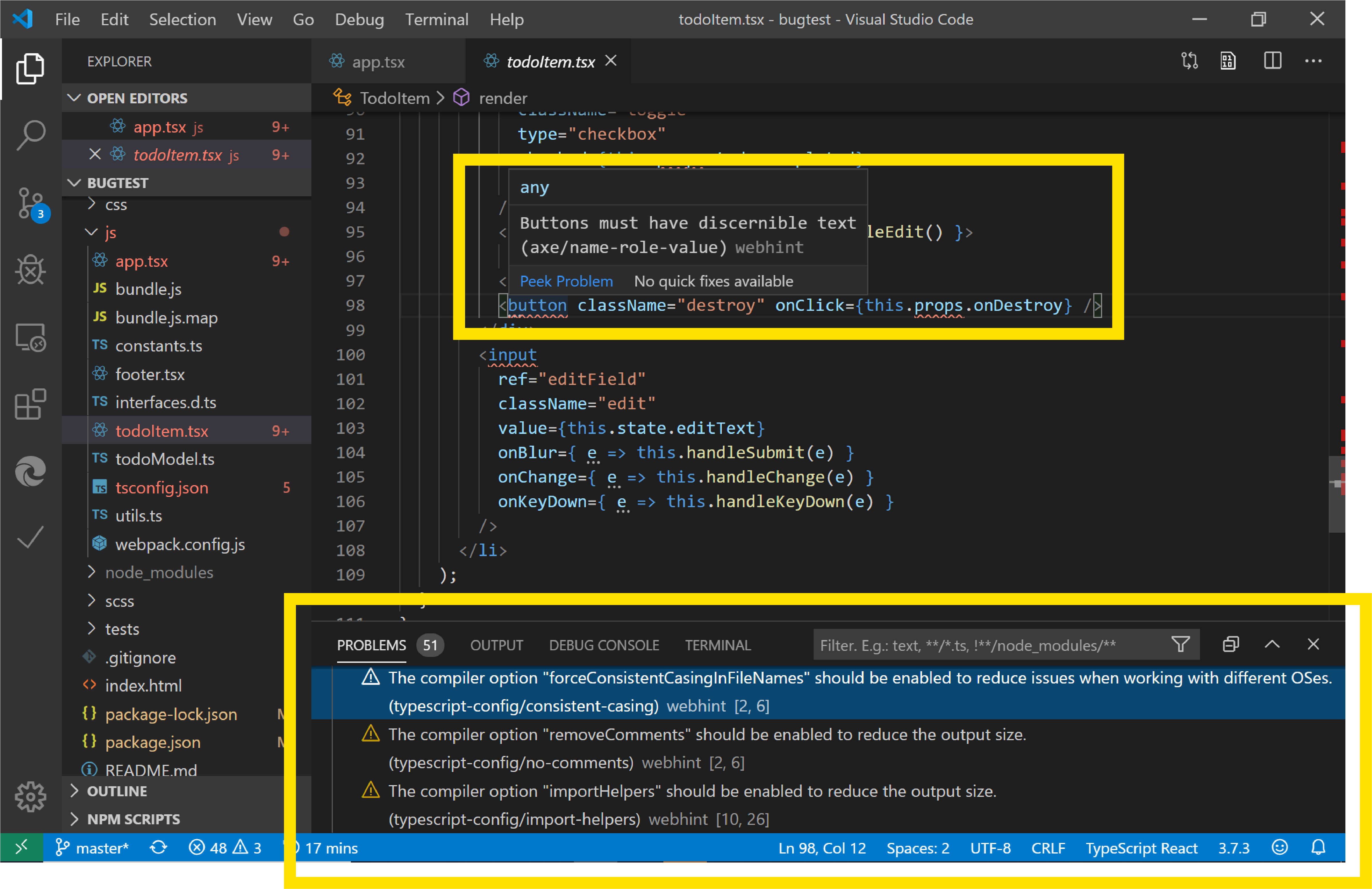 webhint Visual Studio Code 擴展名分析 Visual Studio Code 中的 .tsx 檔案