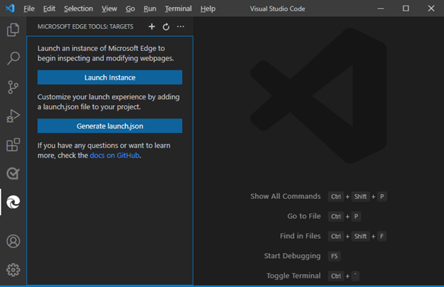 [Microsoft Edge 工具：目標] 面板會顯示 [啟動實例] 和 [產生launch.json] 按鈕