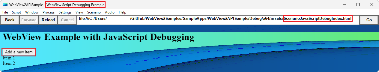 轉譯的 HTML 檔案「WebView 腳本偵錯範例」