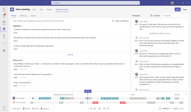 螢幕擷取畫面顯示 Copilot for Sales 會議摘要中的 [回顧] 索引標籤。