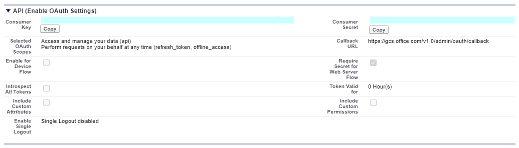 系統管理員提交所有必要設定之後，Salesforce 實例中 API 區段所傳回的結果。取用者金鑰位於左側資料行的頂端，而取用者密碼位於右側數據行的頂端。