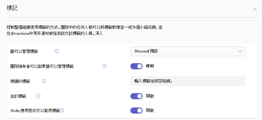 在 teams 系統管理中心Microsoft標記設定的螢幕快照。