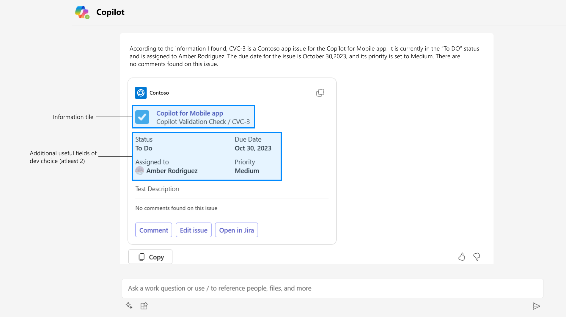 Screenshot shows an example of information title, additional user fields, and action button in an Adaptive Card response.