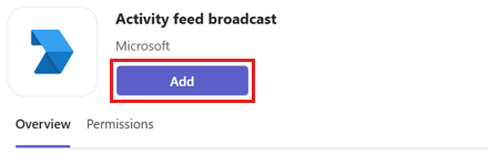 Screenshot of the app details dialog to add the activity feed broadcast app in Teams.
