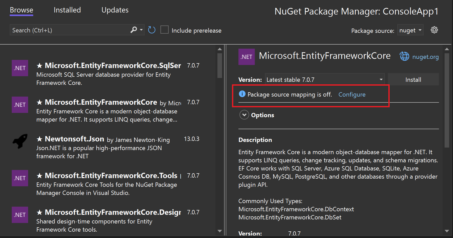 Visual Studio 中的 [NuGet 封裝管理員] 視窗會顯示選取的套件，以及 [套件來源對應已關閉] 狀態的醒目提示，並顯示 [設定] 按鈕。