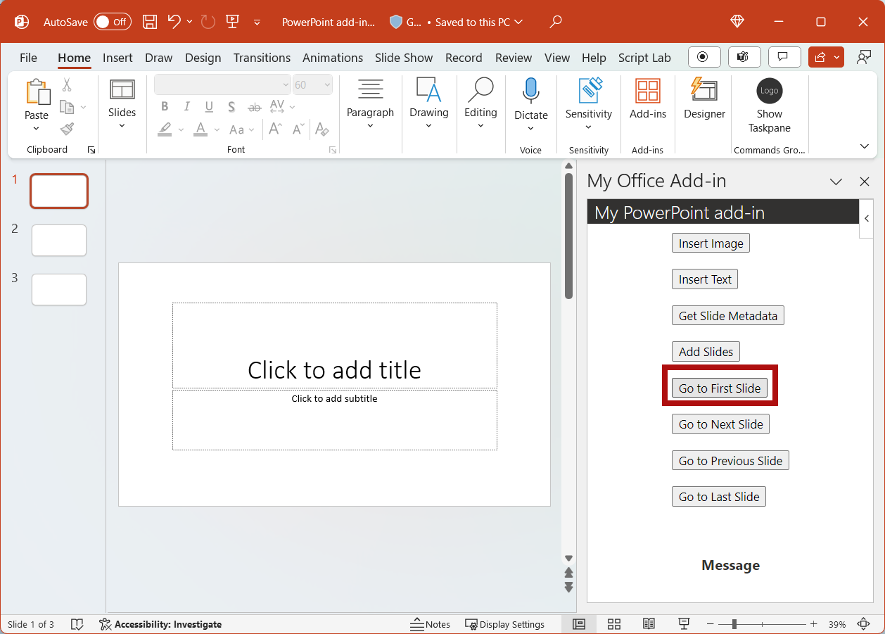 The Go to First Slide button highlighted in the add-in.