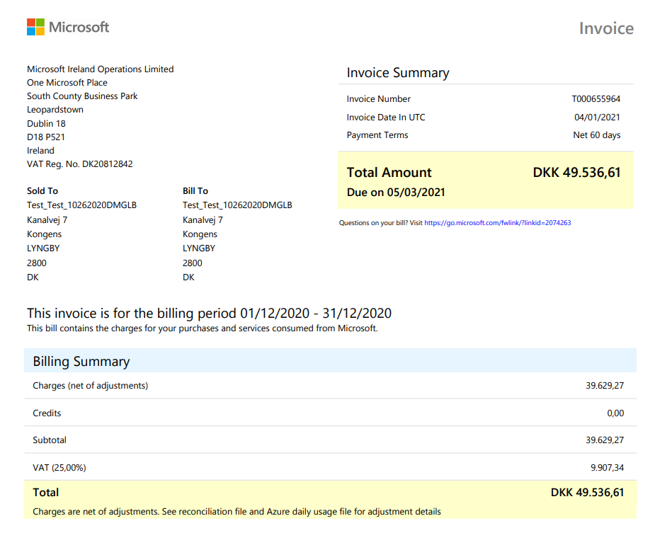 合作夥伴中心發票的螢幕快照，指出對帳和 Azure 每日使用量檔案上顯示調整詳細數據。