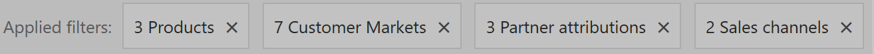 顯示 [已套用篩選] 列的部分螢幕快照，其中包含 [產品]、[客戶市場]、[合作夥伴屬性] 和 [銷售] 通道的篩選選項。
