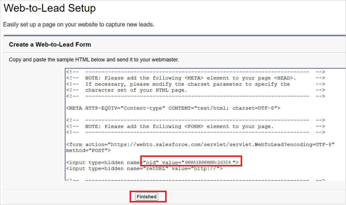 Salesforce 建立顯示 HTML oid 值的 Web 到潛在客戶表單。