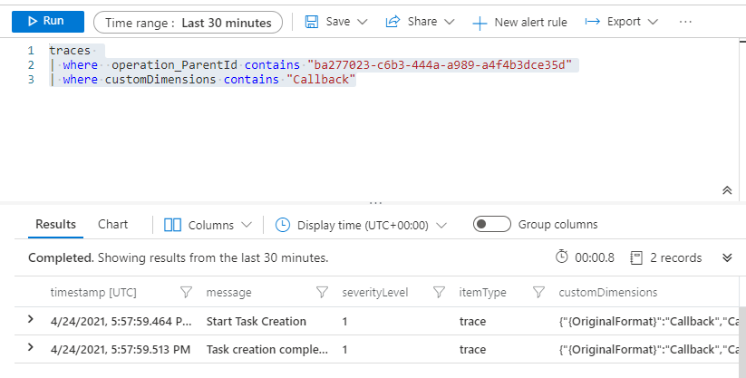 Query limits the results to the logs added during the Callback scope.