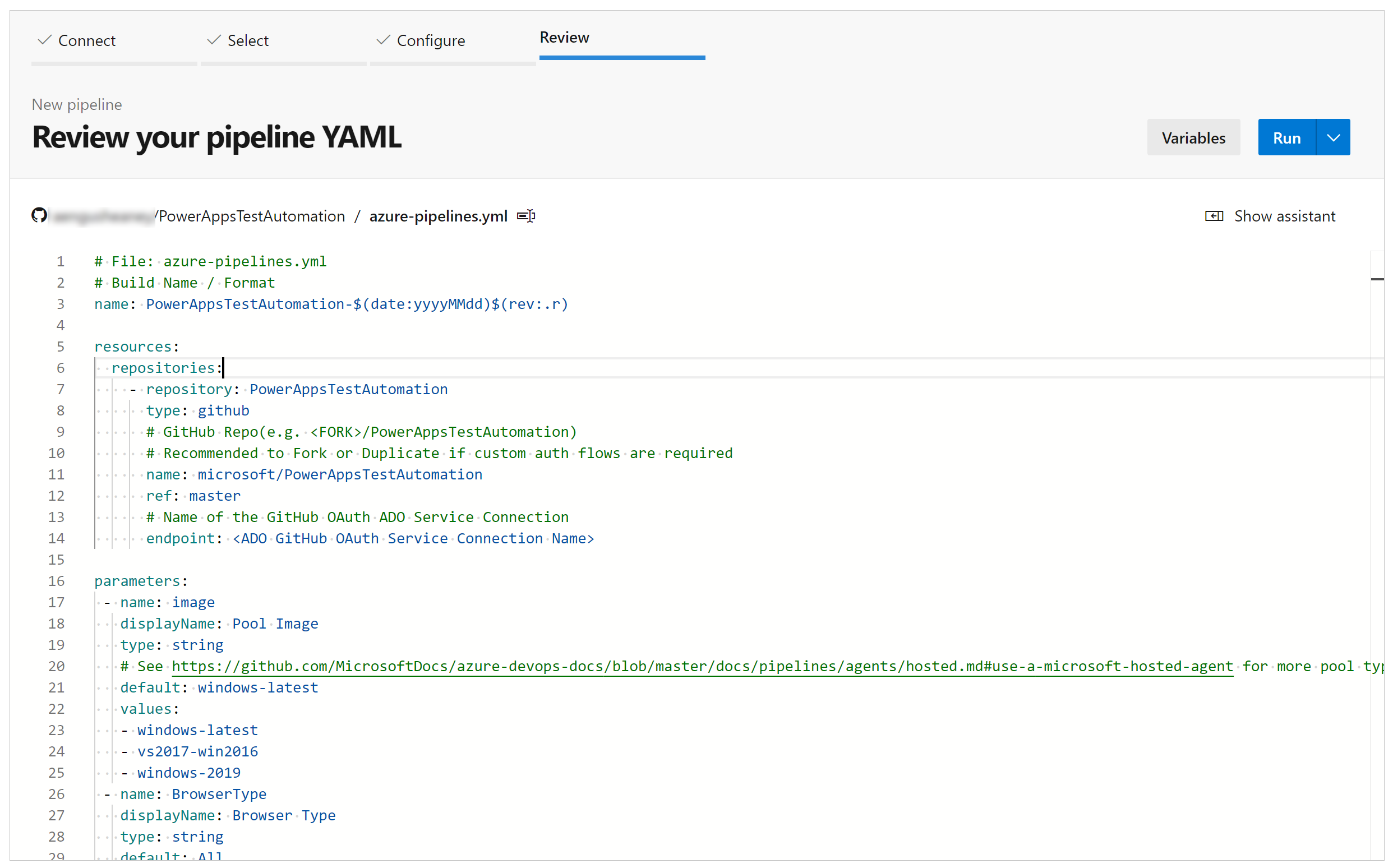 檢閱 Azure YAML。