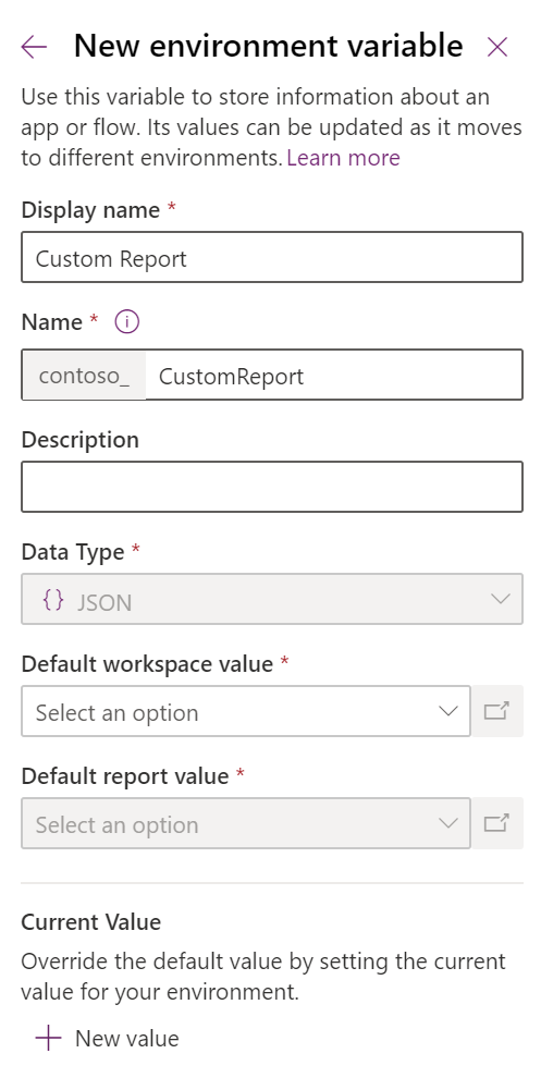 Power BI 內嵌環境變數面板。