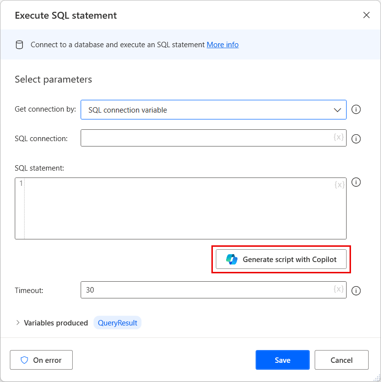 執行 SQL 陳述式動作的螢幕擷取畫面，其中醒目顯示了「使用 Copilot 產生指令碼」按鈕