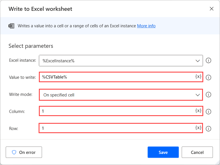 填入 [寫入 Excel 工作表] 動作的螢幕擷取畫面。