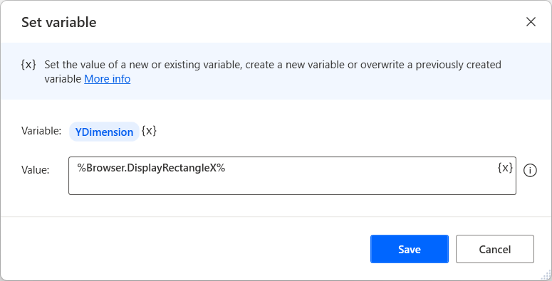 在 Set 變數動作中，%Browser.DisplayRectangleY% 運算式的螢幕擷取畫面。