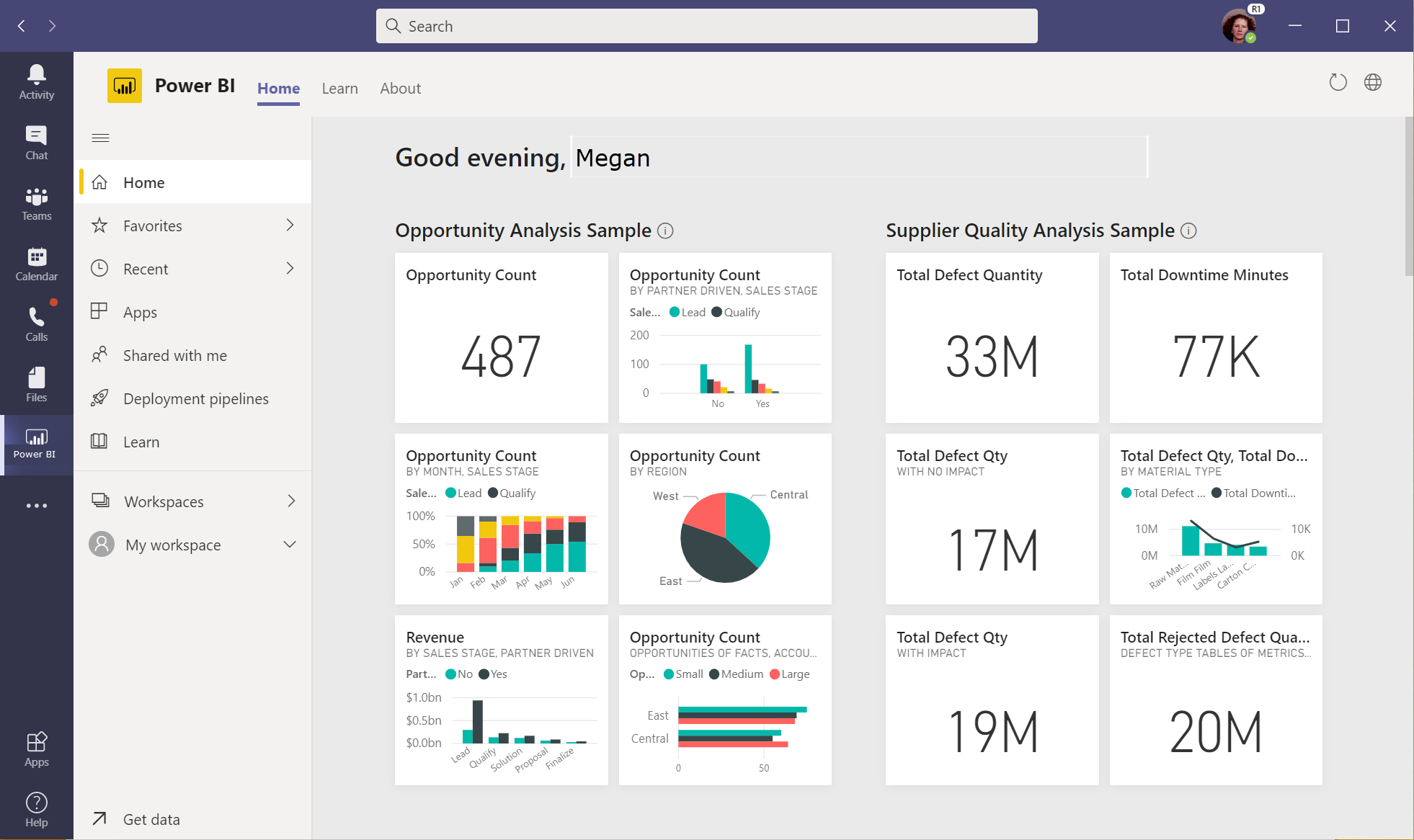 Microsoft Teams 中 Power BI 應用程式首頁的螢幕擷取畫面，其中顯示已選取 [在 Teams 中] 索引標籤。