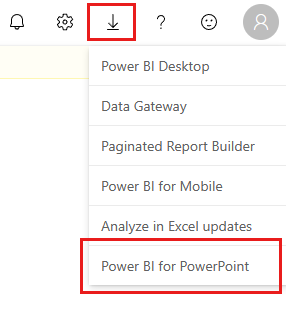 適用於 PowerPoint 的 Power BI 增益集下載選項的螢幕擷取畫面。