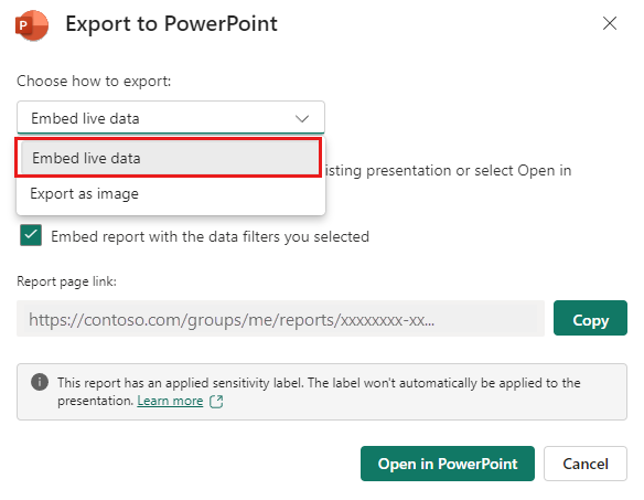 Power BI 報表內嵌即時資料選項的螢幕擷取畫面。