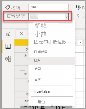 顯示「資料類型」下拉式選單的「表格檢視」螢幕截圖。
