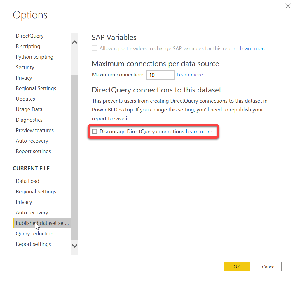 螢幕擷取畫面顯示 Power BI Desktop [選項] 功能表中 [防止 DirectQuery 連線] 設定。