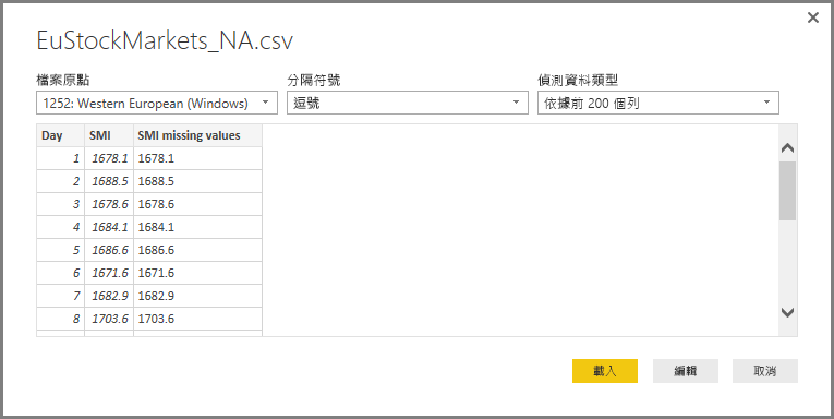 顯示所選取 .csv 檔案內容的螢幕擷取畫面。