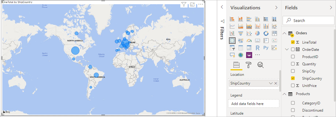 螢幕擷取畫面：顯示依 ShipCountry 的 LineTotals 地圖視覺效果。