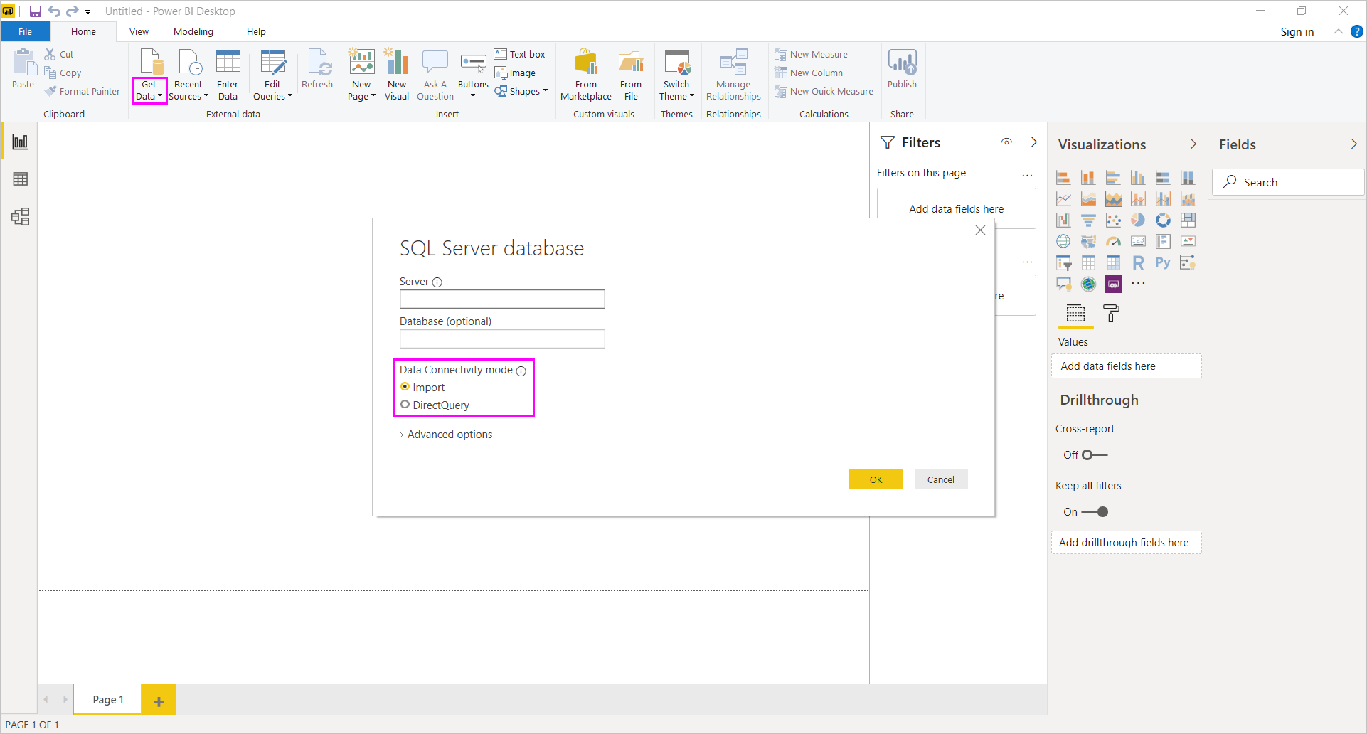 Power BI Desktop、[SQL Server 資料庫] 對話方塊、[匯入] 和 [DirectQuery] 選項