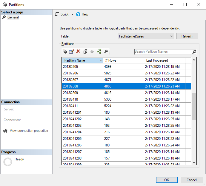 螢幕擷取畫面顯示 SSMS 中的磁碟分割視窗。