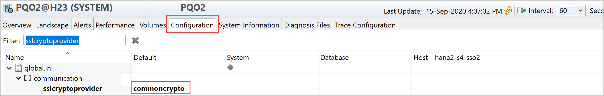 SAP HANA Studio 中 sslcryptoprovider 資訊的螢幕擷取畫面。