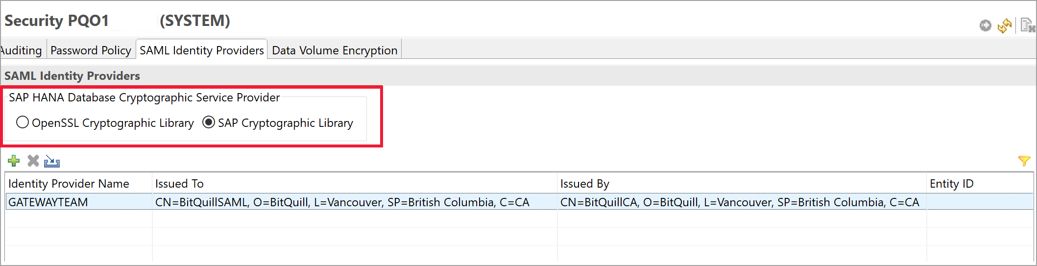 SAP HANA Studio 的螢幕擷取畫面，其中已選取 [SAP 密碼編譯程式庫] 作為 sslcryptoprovider。