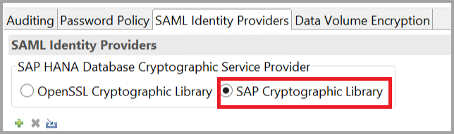 [SAML 識別提供者] 窗格的螢幕擷取畫面，其中已選取 [SAP 密碼編譯程式庫] 選項。