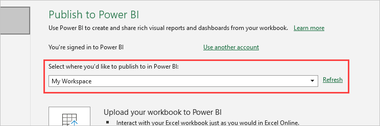 顯示 [發佈到 Power BI] 的螢幕擷取畫面，其中選取了 [我的工作區]。