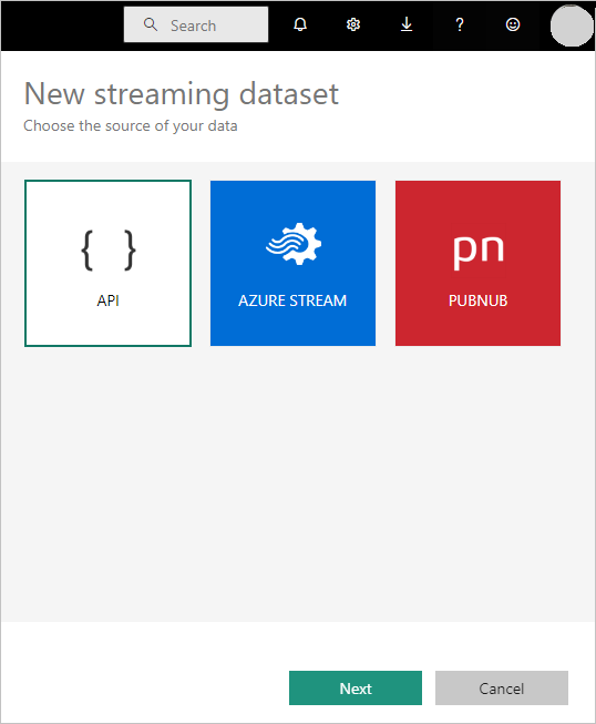 [新增串流語意模型] 選項的螢幕擷取畫面，其中顯示 [API]、[Azure Stream] 和 [PubNub] 選項。