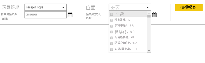 顯示報表參數的螢幕擷取畫面。