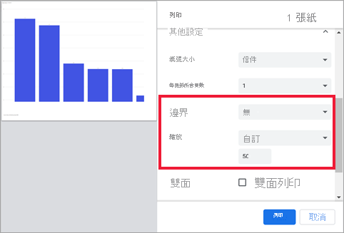 已選取 [邊界] 和 [縮放比例] 選項的列印設定螢幕擷取畫面。